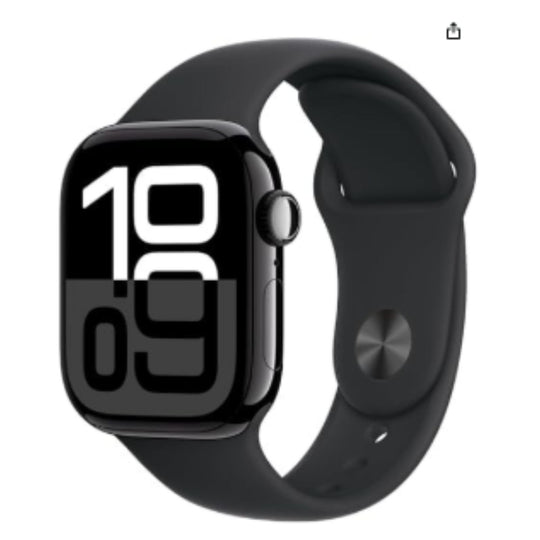 Black smartwatch with a black sport band, shown at an angle on a plain white background.