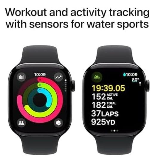Two black smartwatches shown side by side on a white background with promotional text above reading 'Workout and activity tracking with sensors for water sports.' The left watch displays a colorful activity ring, and the right watch displays workout metrics including time, calories, laps, and distance.