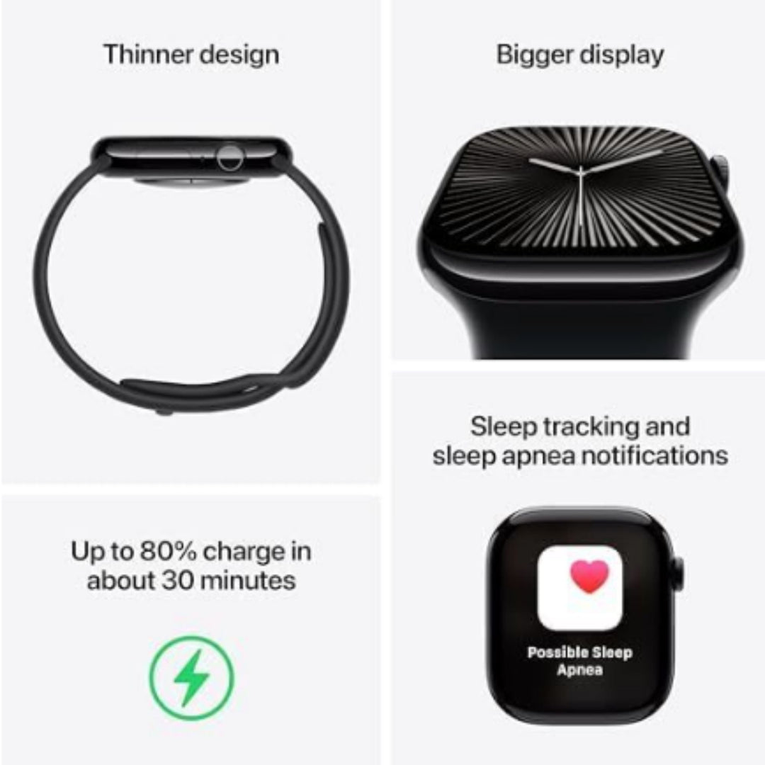 A four-panel promotional graphic showing a black smartwatch from different angles and features: thinner design, bigger display, sleep tracking and sleep apnea notifications, and up to 80% charge in about 30 minutes.
