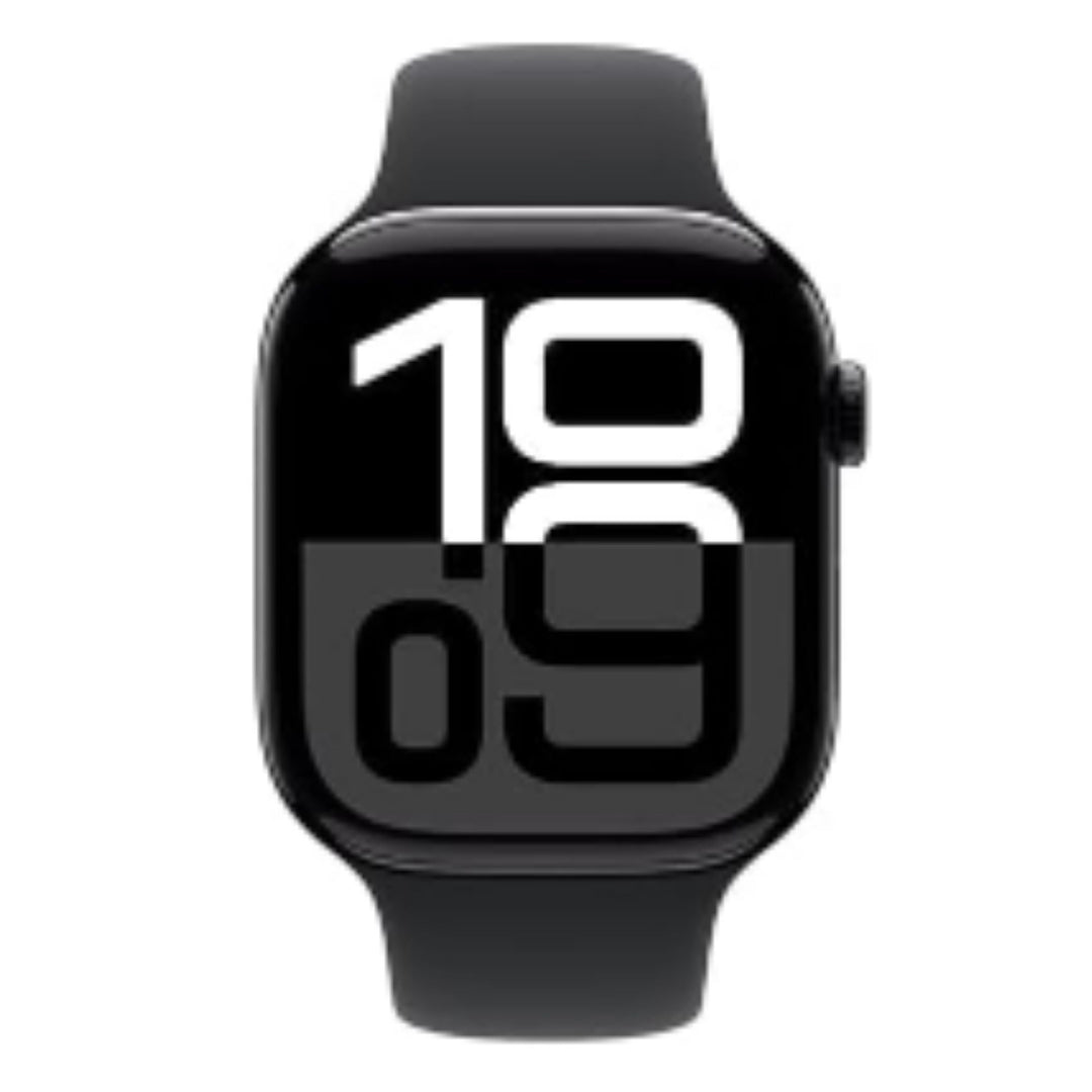 A black smartwatch with a rectangular display showing a digital watch face, set against a plain white background.