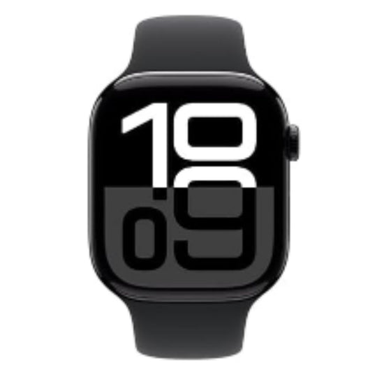 A black smartwatch with a rectangular display showing a digital watch face, set against a plain white background.