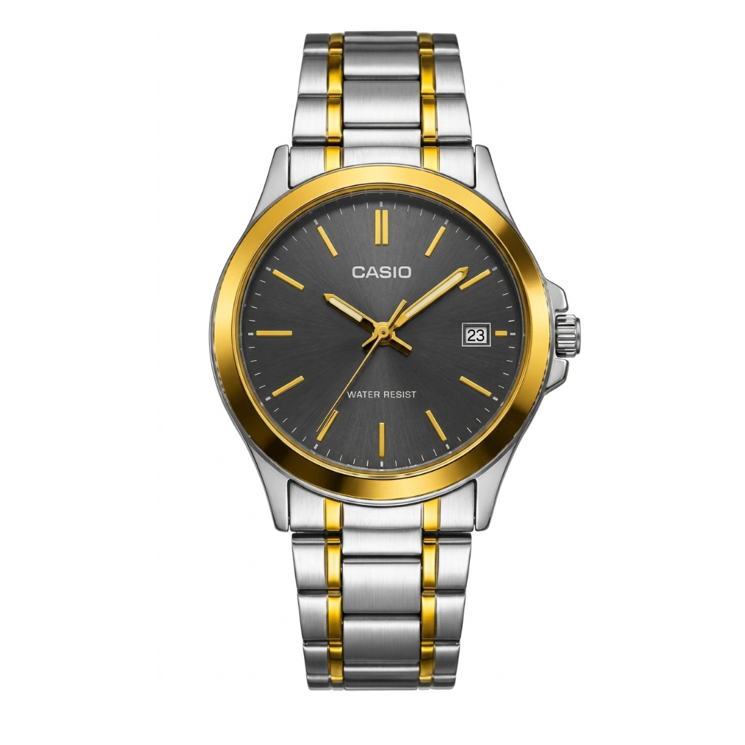 A Casio men's analog watch with a two-tone silver and gold stainless steel link bracelet, a gold bezel, and a dark gray dial with gold hands and hour markers.