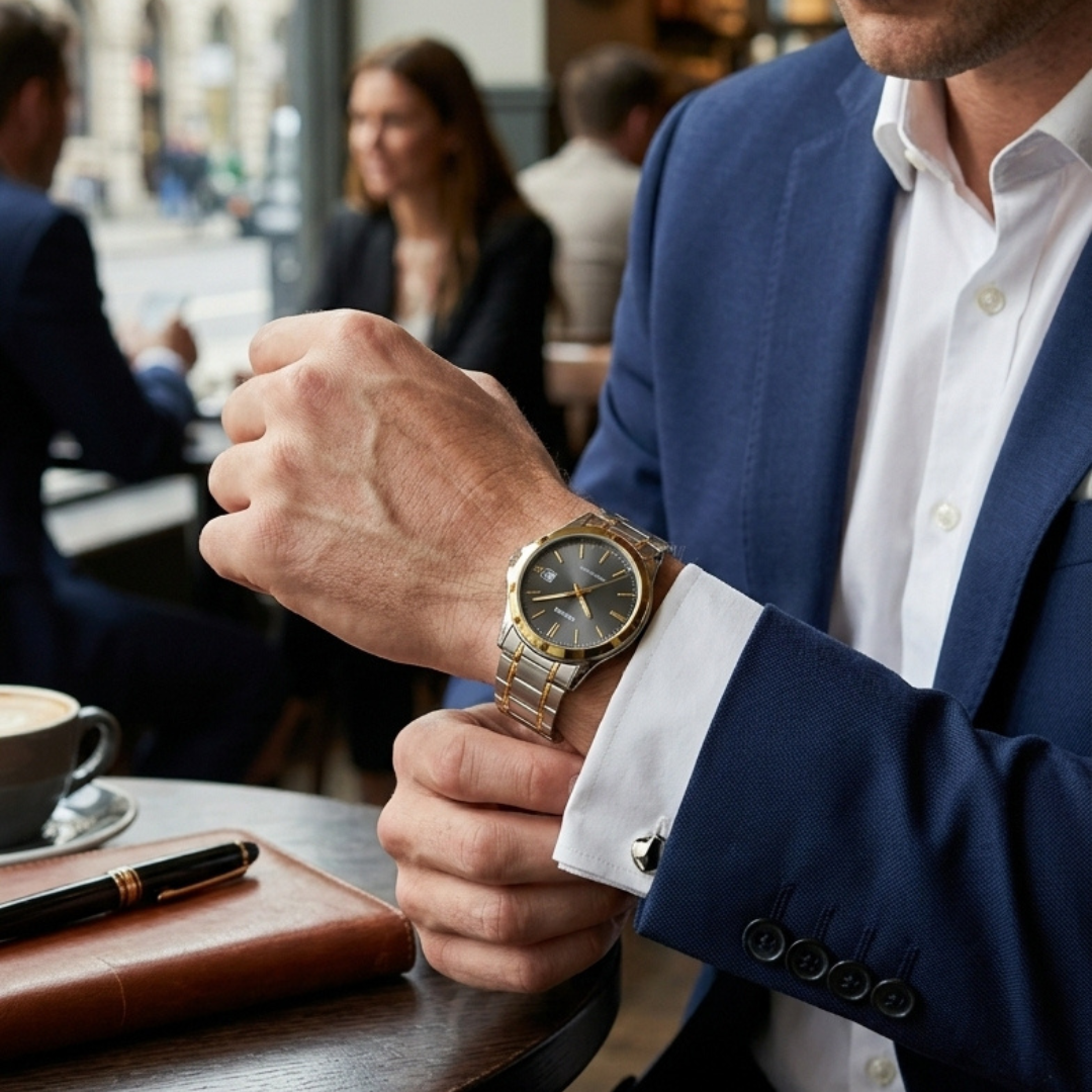 A man in a navy blue suit jacket and white dress shirt checks his wristwatch at a cafe table. The watch has a gold and silver metal case with a dark dial.